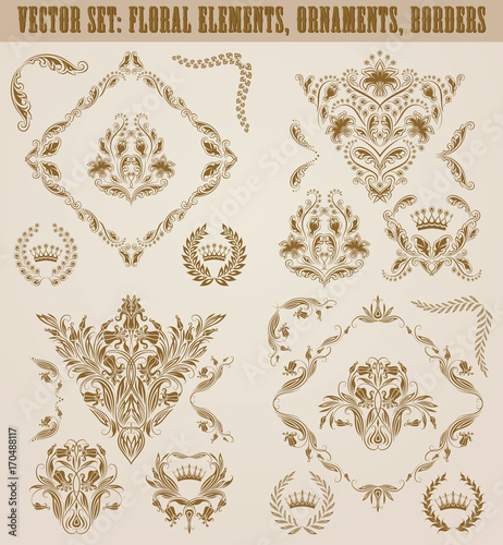 Set of gold damask ornaments. Floral element, ornate border, corner, crown, frame, laurel wreath for design. Page, web royal decoration on black background in vintage style. Vector illustration.