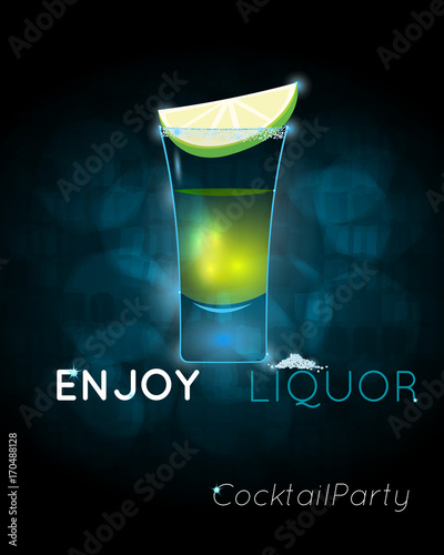 Tequila shot cocktail with slice of lime and salt disco