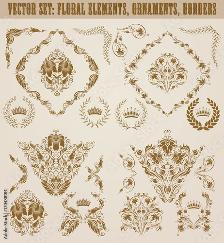 Set of gold damask ornaments. Floral element, ornate border, corner, crown, frame, laurel wreath for design. Page, web royal decoration on black background in vintage style. Vector illustration.