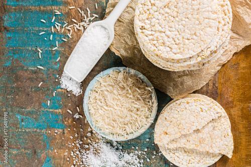 Healthy puffed rice cakes crackers stacked with sea salt photo