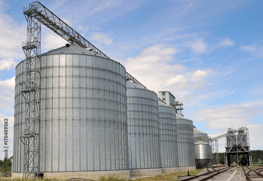 Agricultural Silos. Metal grain facility with silos. Agricultural Silos. Metal grain facility with silos.