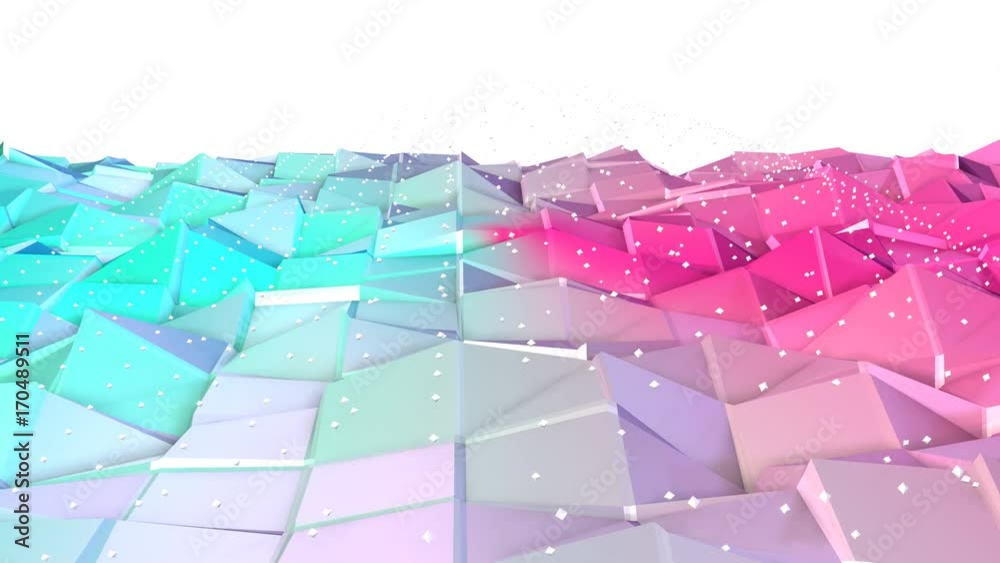 Abstract simple blue pink low poly 3D surface and flying white crystals as cartoon game background. Soft geometric low poly background of pure blue pink polygons. 4K Fullhd seamless loop background. Abstract simple blue pink low poly 3D surface and flying white crystals as cartoon game background. Soft geometric low poly background of pure blue pink polygons. 4K Fullhd seamless loop background.