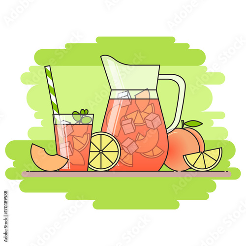 Peach lemonade with fruit slices, ice and meant in jug and glass with straw, cut lemon and peach. Isolated on green background. Modern flat style. Line art.