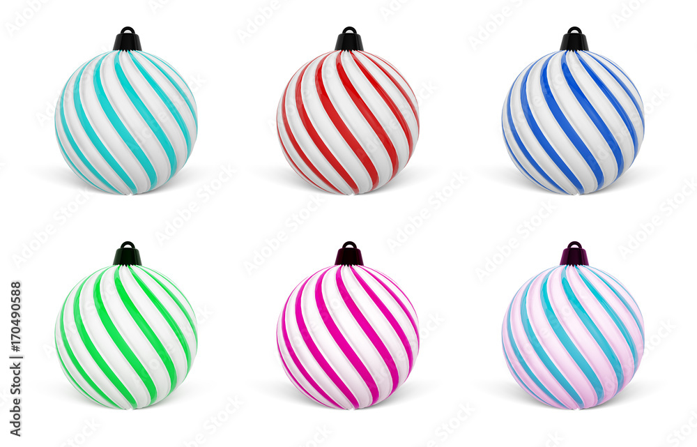 Christmas Ball in different colors. Twisted Christmas Balls on white background. 3D Rendering.