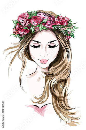 Hand drawn beautiful young woman in flower wreath. Cute girl with long hair. Sketch. Vector illustration.