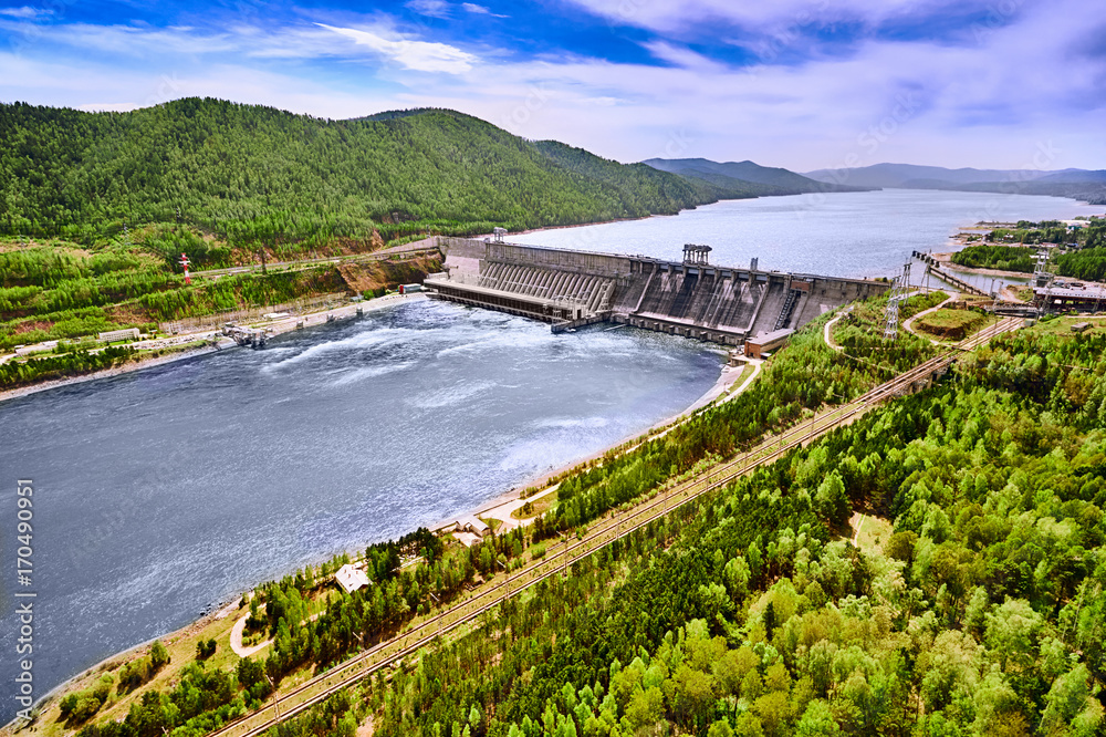 Fototapeta premium Aerial view to Hydroelectric power electric station. 