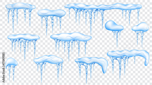 Set of snowdrifts with translucent icicles. Transparency only in vector file