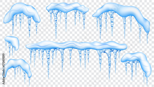 Set of snowdrifts with translucent icicles. Transparency only in vector file