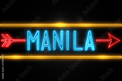 Manila - fluorescent Neon Sign on brickwall Front view