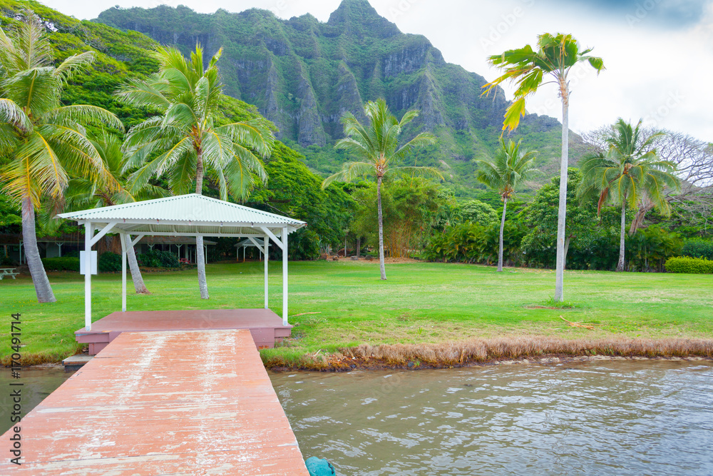dock on the beach with palm tree and pali mountains oahu hawaii
