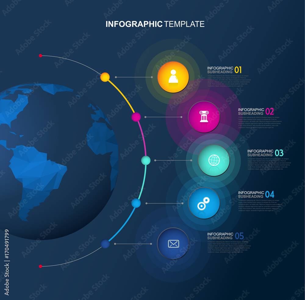 Company profile overview template with colorful circles, dots and polygonal globe on blue background- dark version.