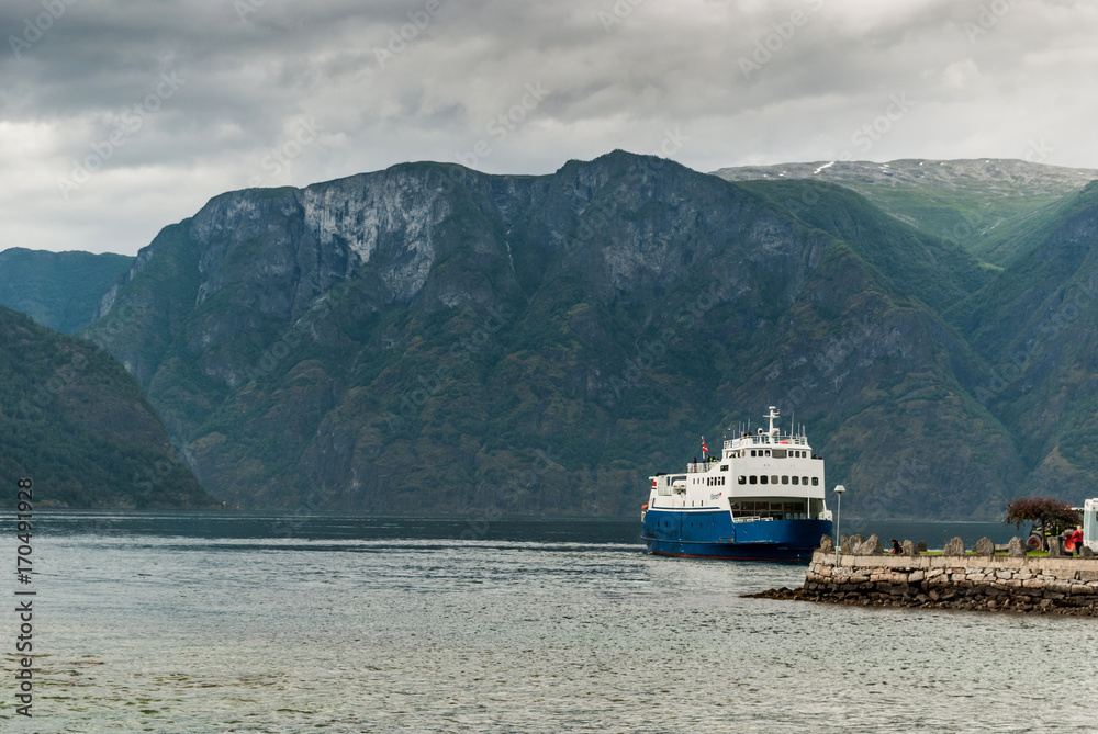 Ship near the pier in the Aurlandsfjord fjord