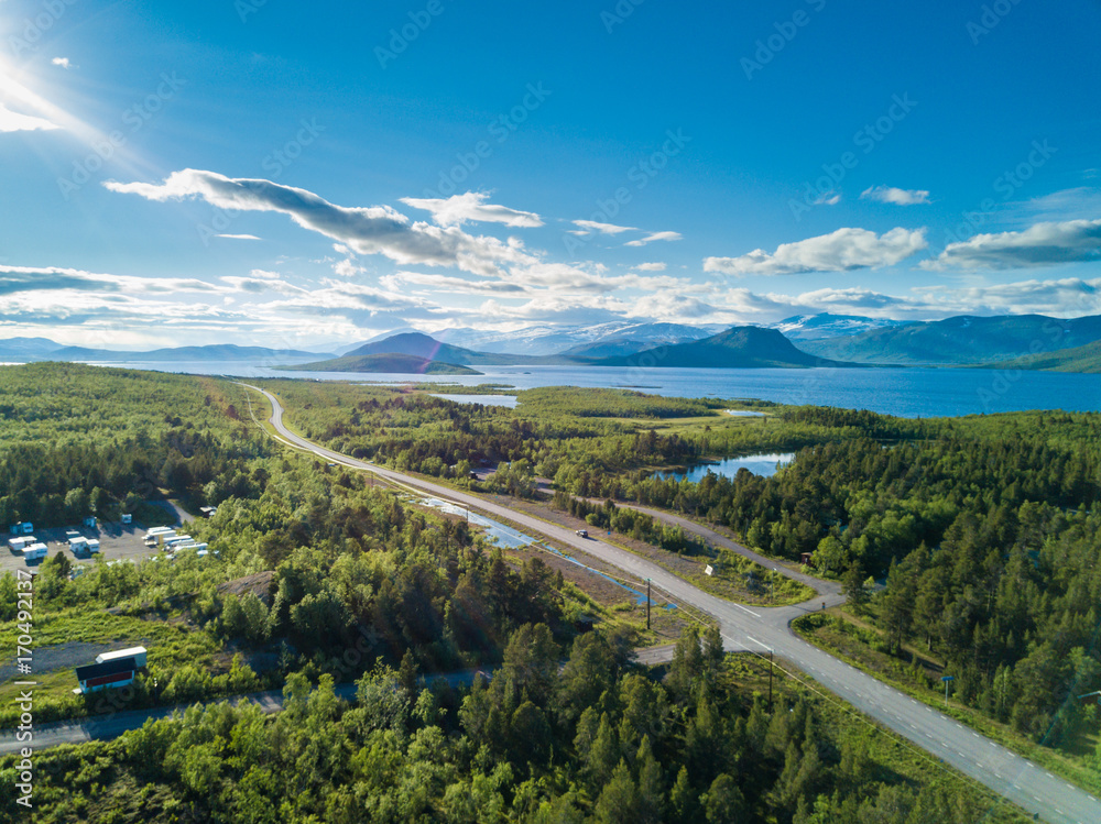 Norwegian road in the mountains. Aerial view