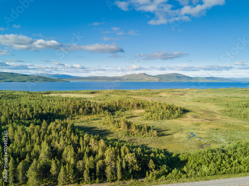 Norwegian road in the mountains. Aerial view