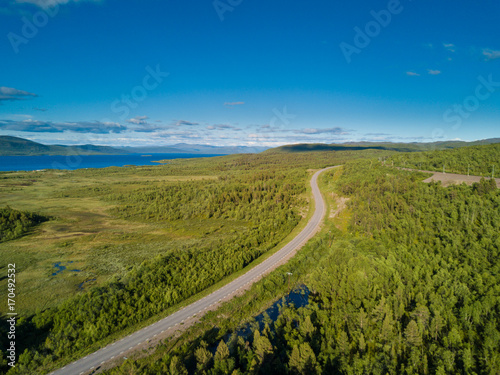 Norwegian road in the mountains. Aerial view