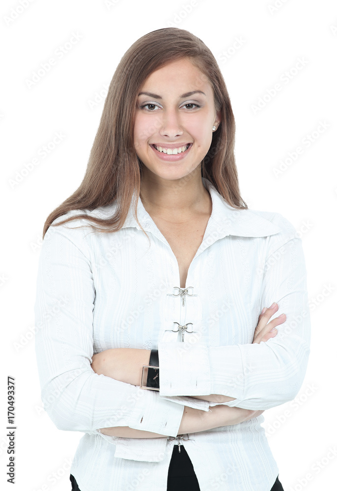 Portrait of an employee in a bright jacket on a white background Portrait of an employee in a bright jacket on a white background