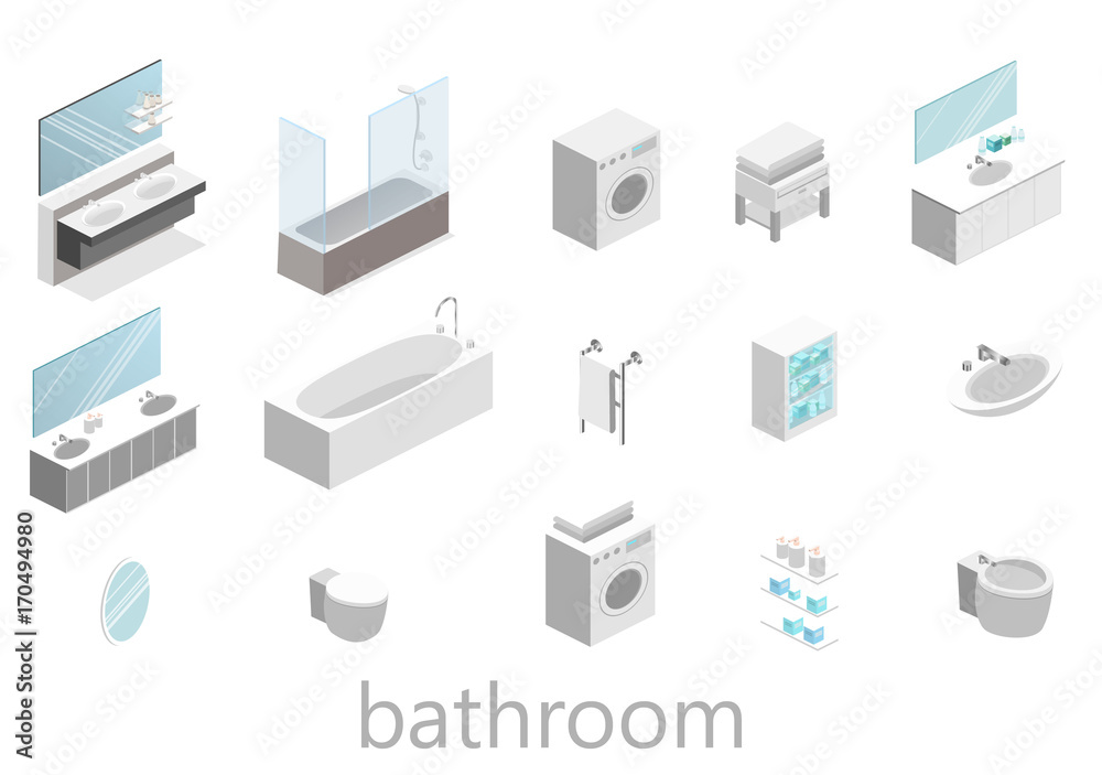 flat 3D isolated Isometric interior of bathroom