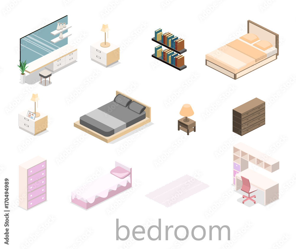 modern bedroom design in isometric style. Flat 3D
