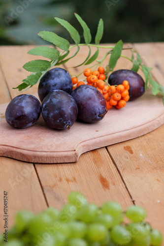 Blue plums and mountain ash on a wooden background for the designer