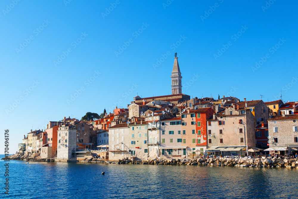 Medieval town of Rovinj, colorful with houses and church