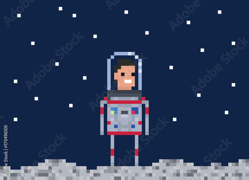 Astronaut pixel game style illustration. Cosmonaut vector pixel art design. 8 bit people character.