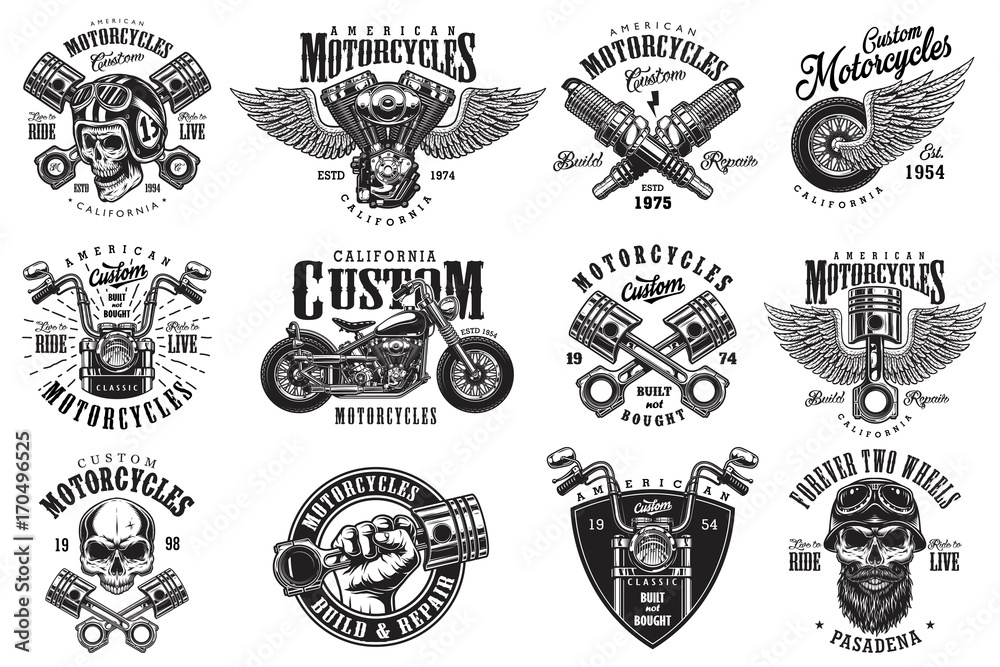 Fototapeta Zestaw starych niestandardowych emblematów motocyklowych, etykiet, odznak, logo, wydruków, szablonów. Warstwowe, odizolowane na białym tle Łatwy jeździec