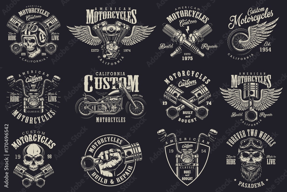 Fototapeta Zestaw starych niestandardowych emblematów motocyklowych, etykiet, odznak, logo, wydruków, szablonów. Warstwowe, odizolowane na ciemnym tle Łatwy jeździec