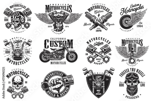 Tela Set of vintage custom motorcycle emblems, labels, badges, logos, prints, templates