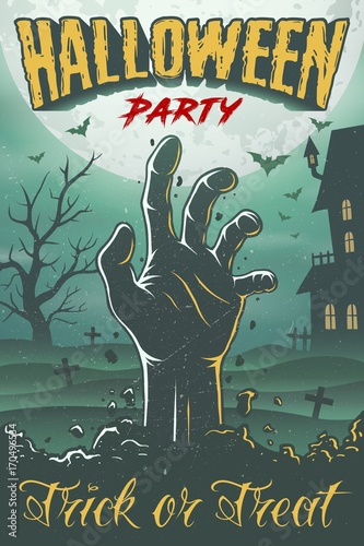 Halloween party poster with zombie s hand, house, tree and bats. foggy graveyard landscape at night.