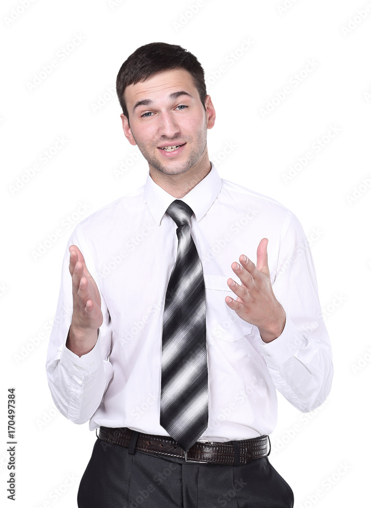 Portrait of a handsome businessman gesturing isolated on white. Portrait of a handsome businessman gesturing isolated on white.