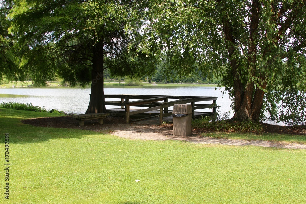 The small wood fishing dock under the shade trees. The small wood fishing dock under the shade trees.