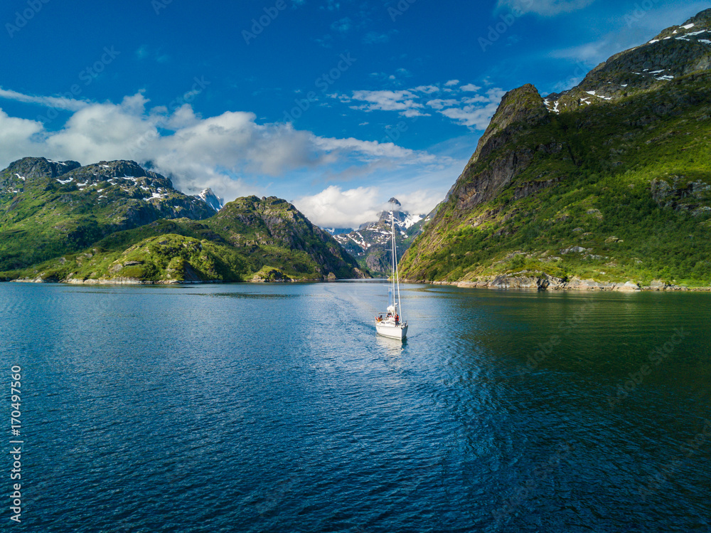 Yachting in Troll fjord. Aerial view Yachting in Troll fjord. Aerial view