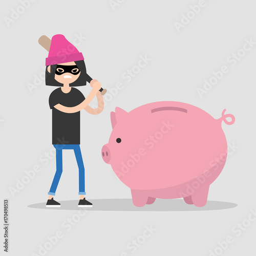 Female thief breaking a piggy bank with a baseball bat / flat editable vector illustration, clip art