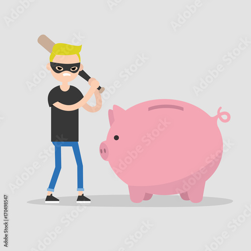 Male thief breaking a piggy bank with a baseball bat / flat editable vector illustration, clip art
