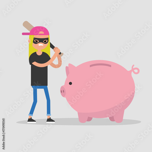 Female thief breaking a piggy bank with a baseball bat / flat editable vector illustration, clip art