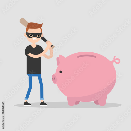 Male thief breaking a piggy bank with a baseball bat / flat editable vector illustration, clip art