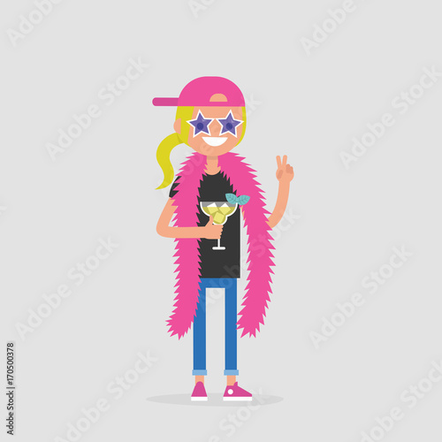 Creative industry. Show business. Party concept. Young female character wearing bright accessories and drinking a cocktail. Flat editable vector illustration, clip art