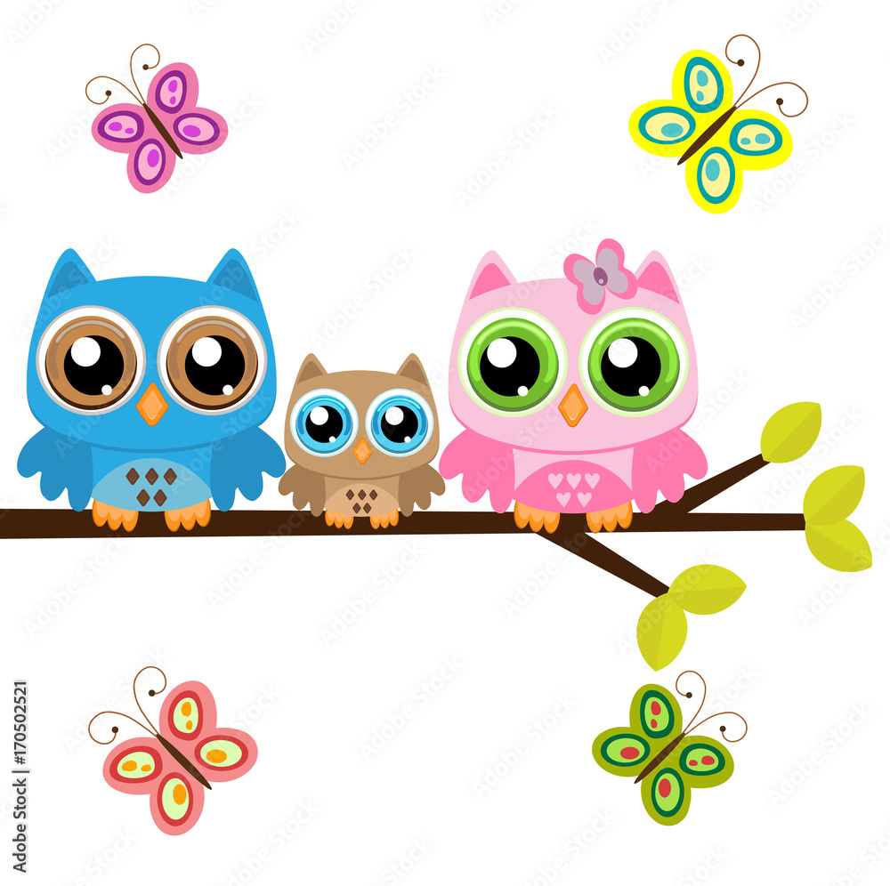 Obraz premium Owls family on a branch with butterflies