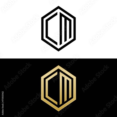 initial letters logo cm black and gold monogram hexagon shape vector