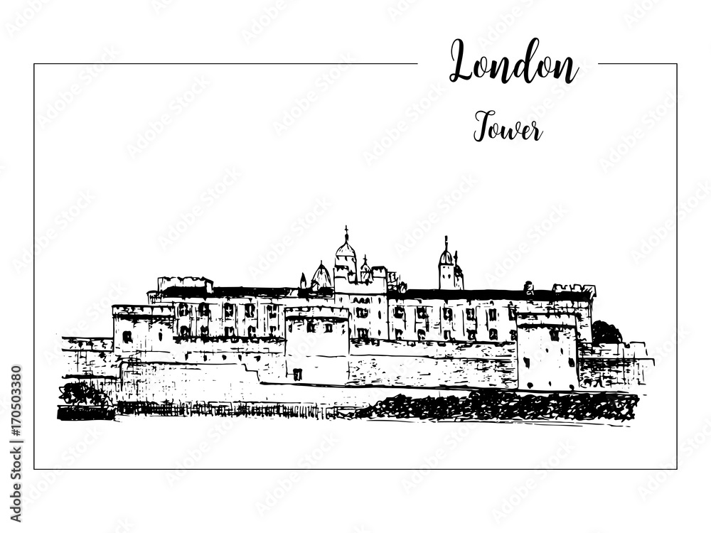 Tower of London, architectural symbol. Beautiful hand drawn vector sketch illustration