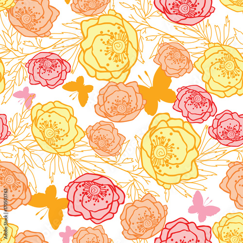 Vector pink, yellow, orange leaves, butterflies, and flowers summer seamless ...
