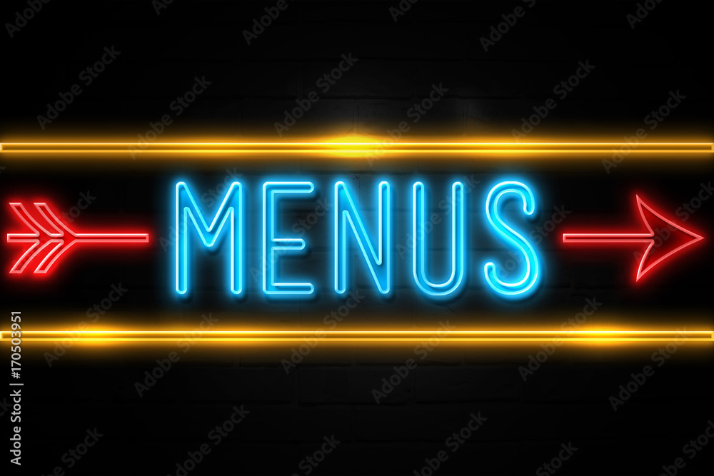 Menus  - fluorescent Neon Sign on brickwall Front view