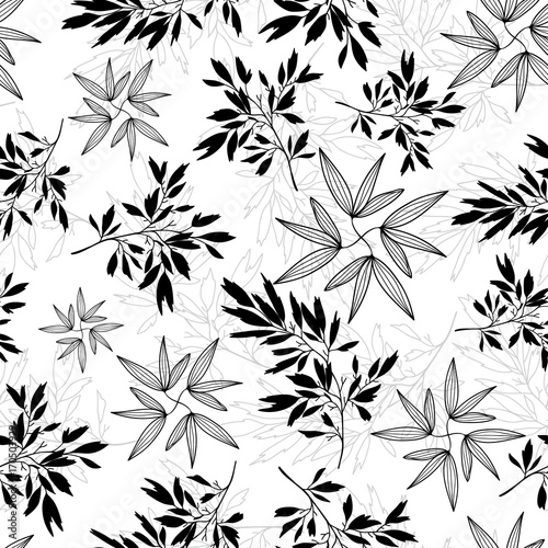 Vector black and white tropical leaves summer seamless pattern with tropical plants and leaves on white background. Great for vacation themed fabric, wallpaper, packaging.