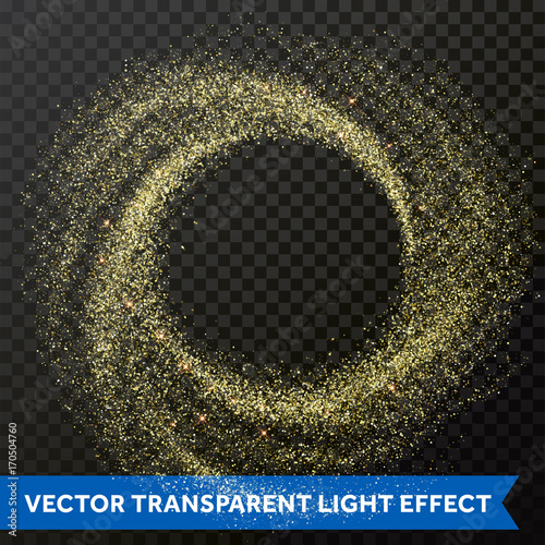 Gold particle swirl circle effect. Vector golden glitter star shine twirl trace