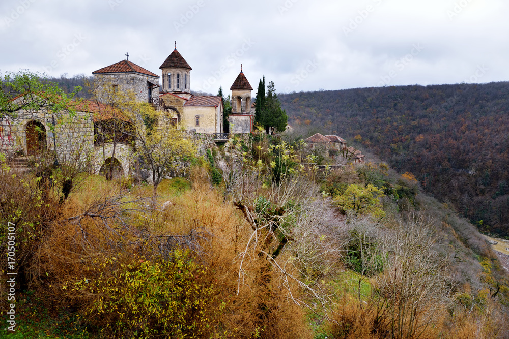 Motsameta Monastery located on breathtaking cliff-top promontory above a bend of the Tskhaltsitela River