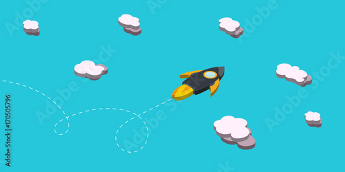 Rocket flying between clouds, isometric vector illustration © Anna P.