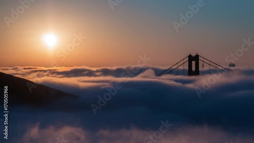 Wide time lapse shot of Golden Gate Bridge Covered in Clouds