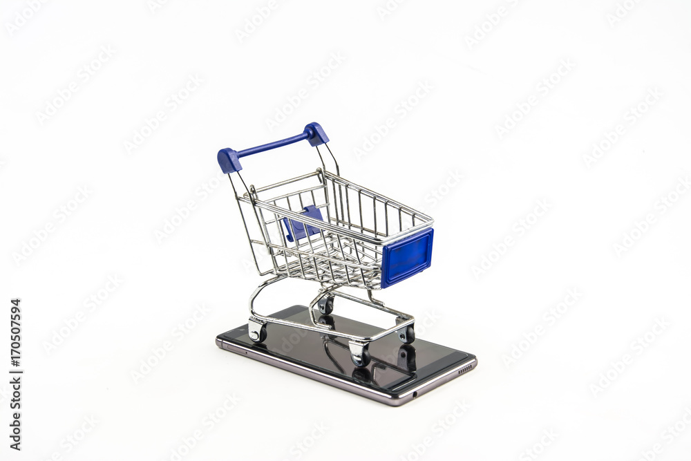 smart phone with shopping cart on white background , Means shopping online