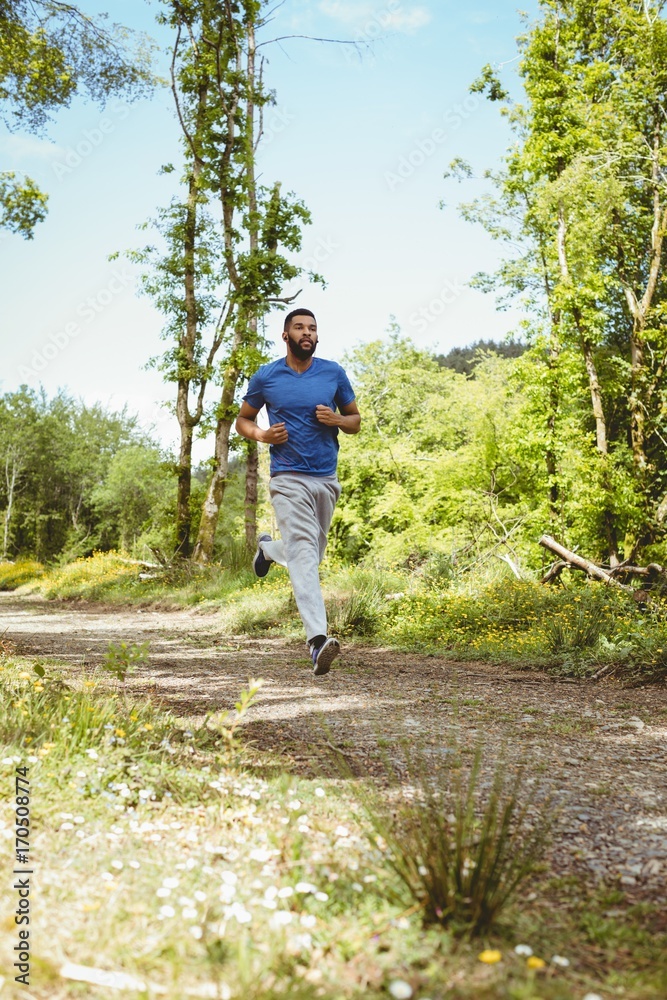 Full length of young man jogging on road in forest Full length of young man jogging on road in forest