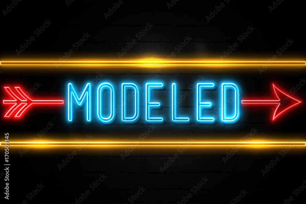 Modeled  - fluorescent Neon Sign on brickwall Front view